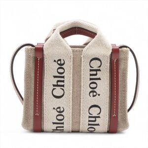 Chloe Woody Canvas Leather Shoulder Bag Beige Tan Brown